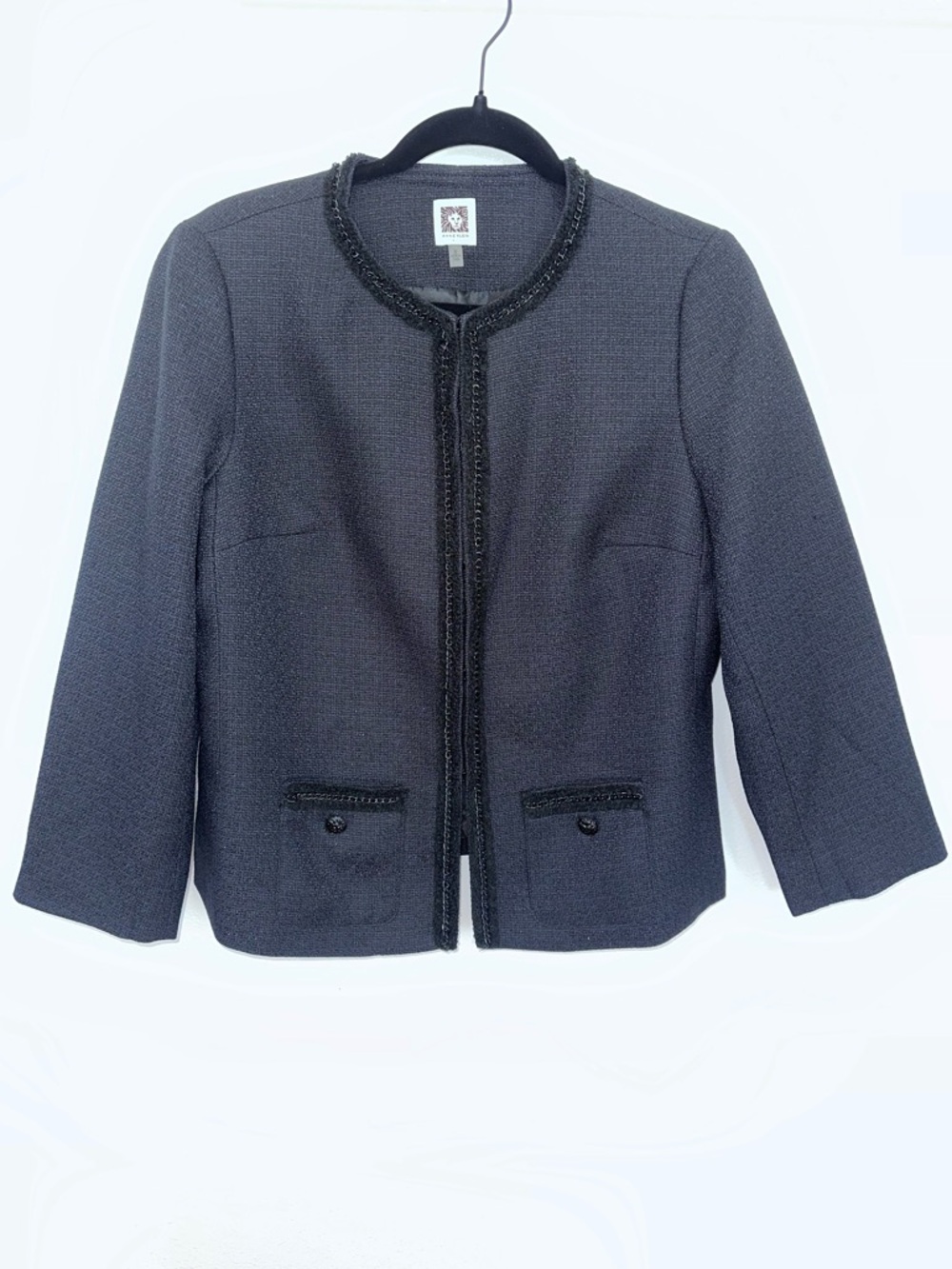 Anne Klein Black Textured Tweed Open-Front Jacket